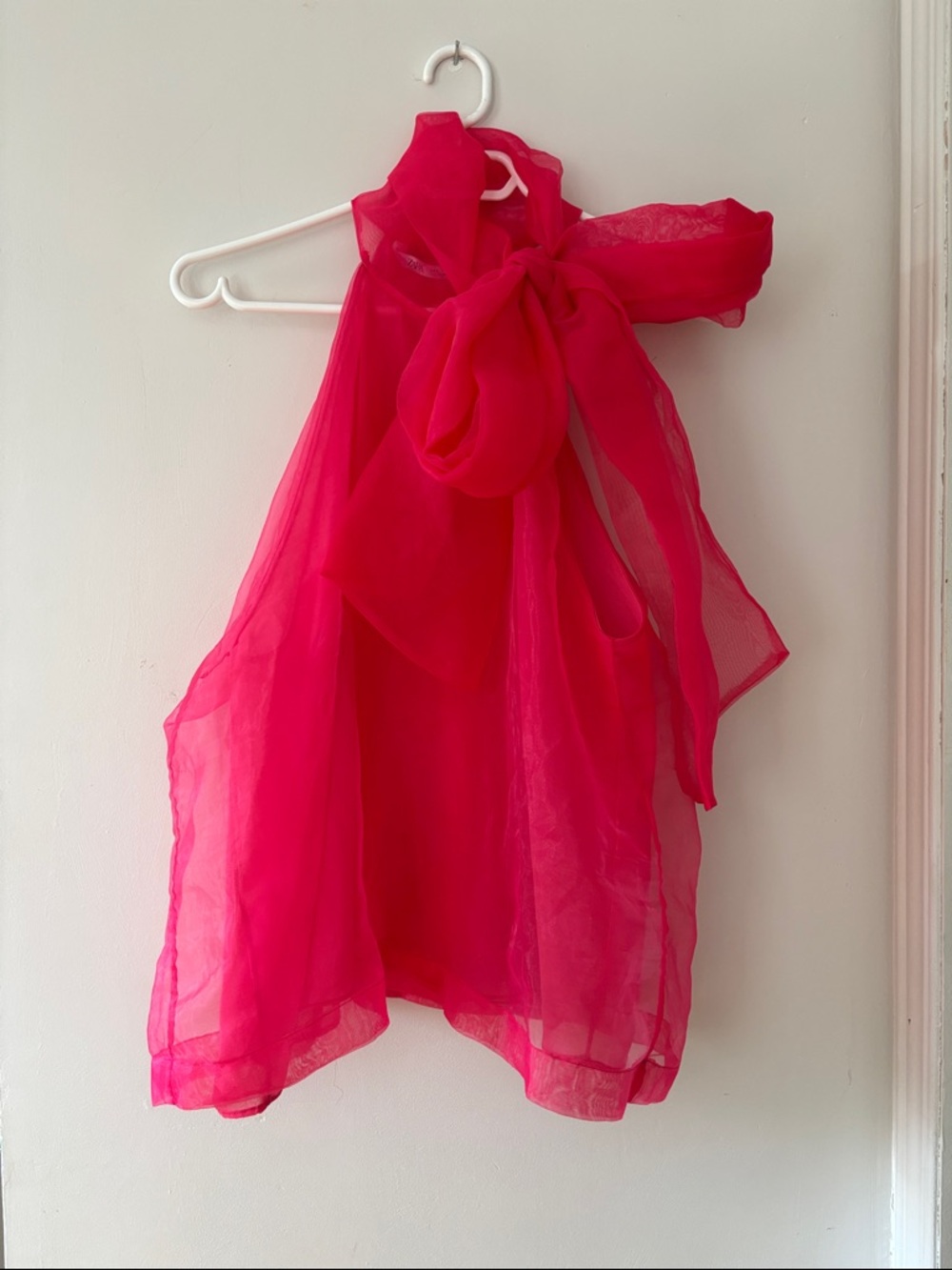 Zara Sheer Bow-Neck Scarf Top in Vibrant Fuchsia